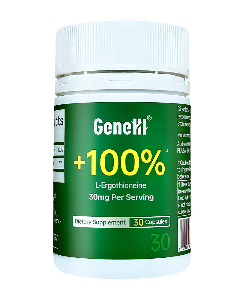 GeneIII 30-count L-Ergothioneine capsules, premium antioxidant supplement bottle