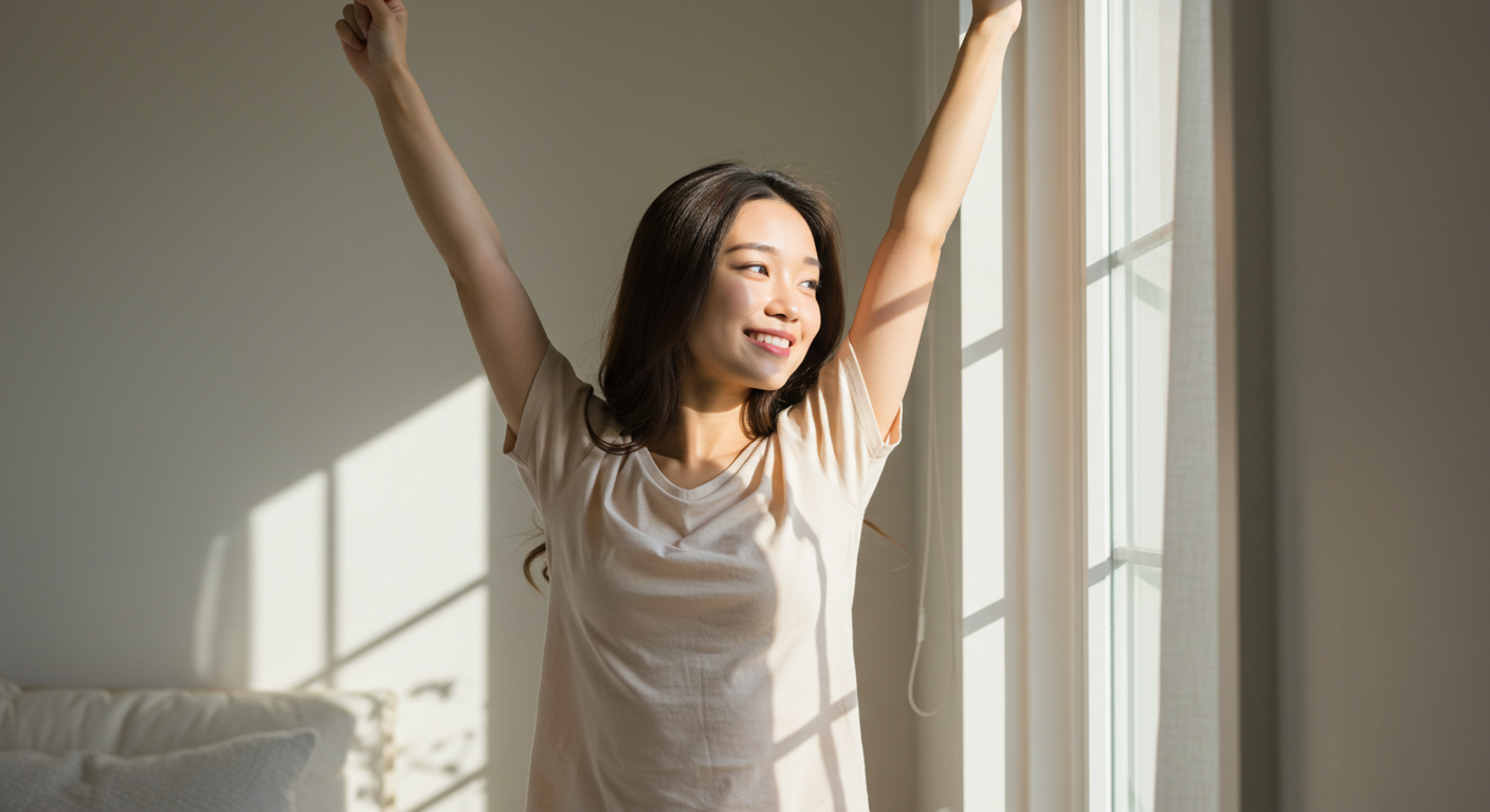 Woman waking up refreshed with arms raised – GeneIII L-Ergothioneine supplement for morning energy and vitality