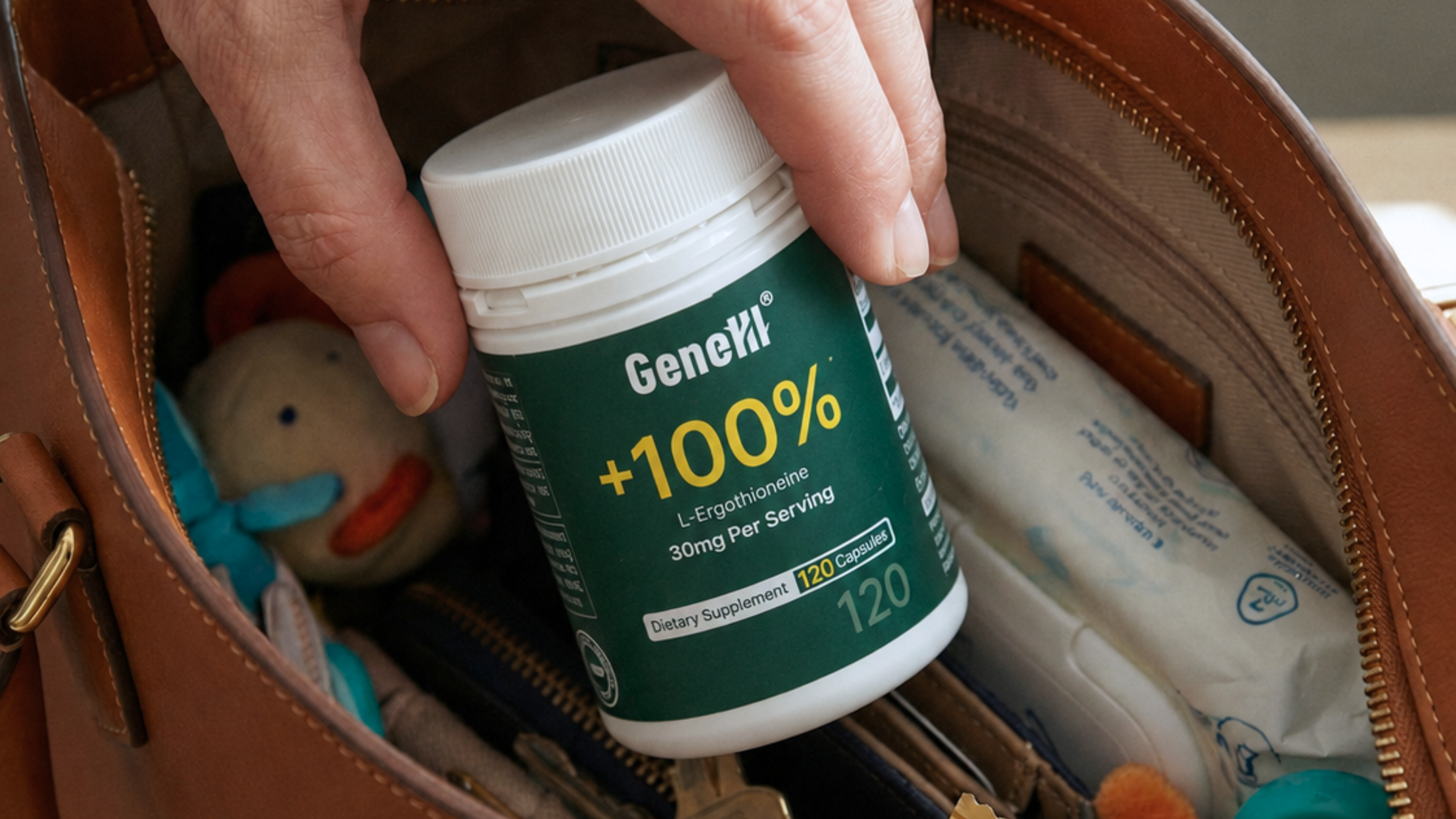 Hand placing GeneIII L-Ergothioneine bottle into a handbag, illustrating everyday portability
