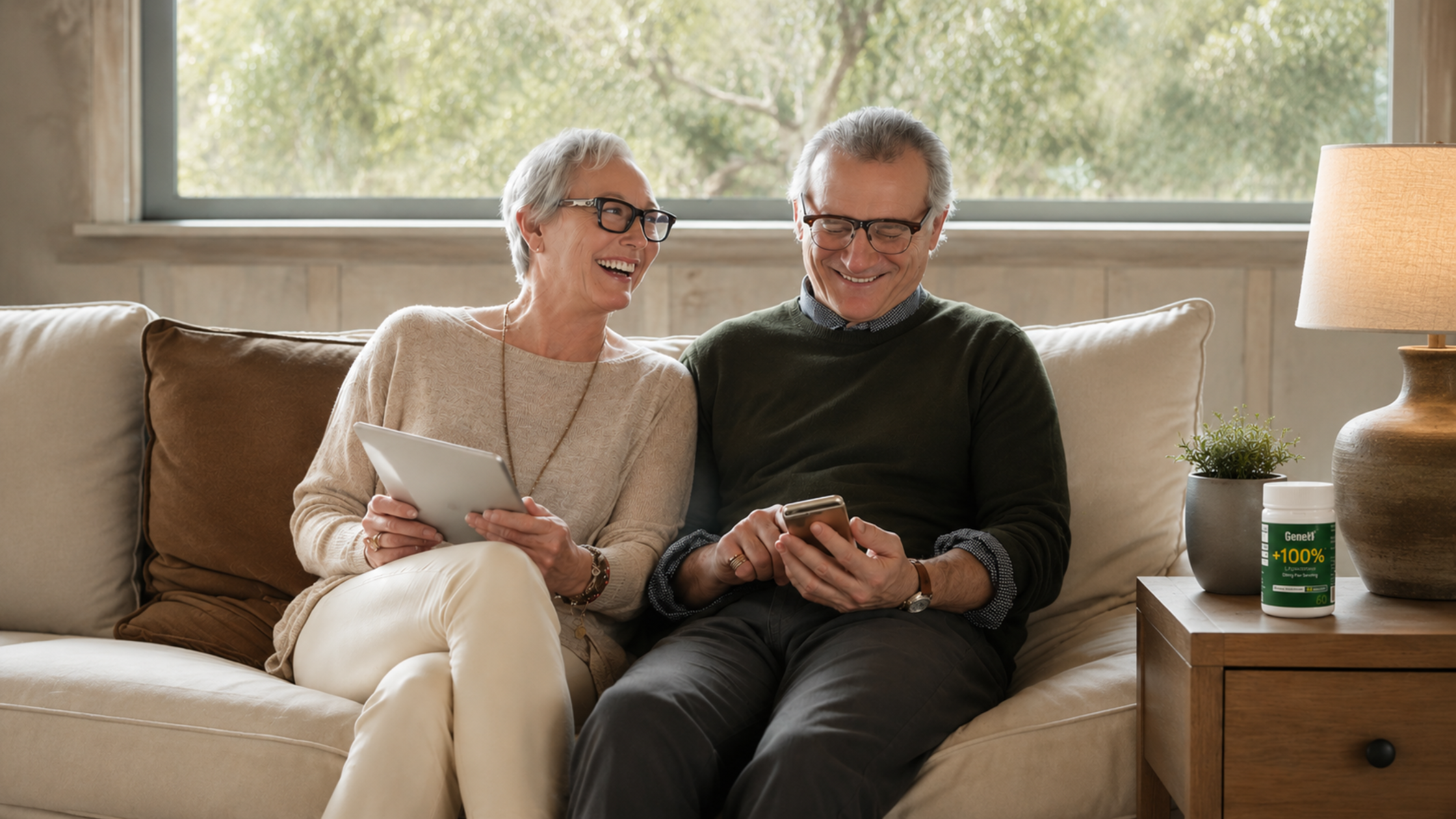 Older couple in their 60s relaxing on a couch in a modern sunlit living room, reading on a tablet and phone, with a GeneIII L-Ergothioneine 99.99% pure capsule bottle on the side table
