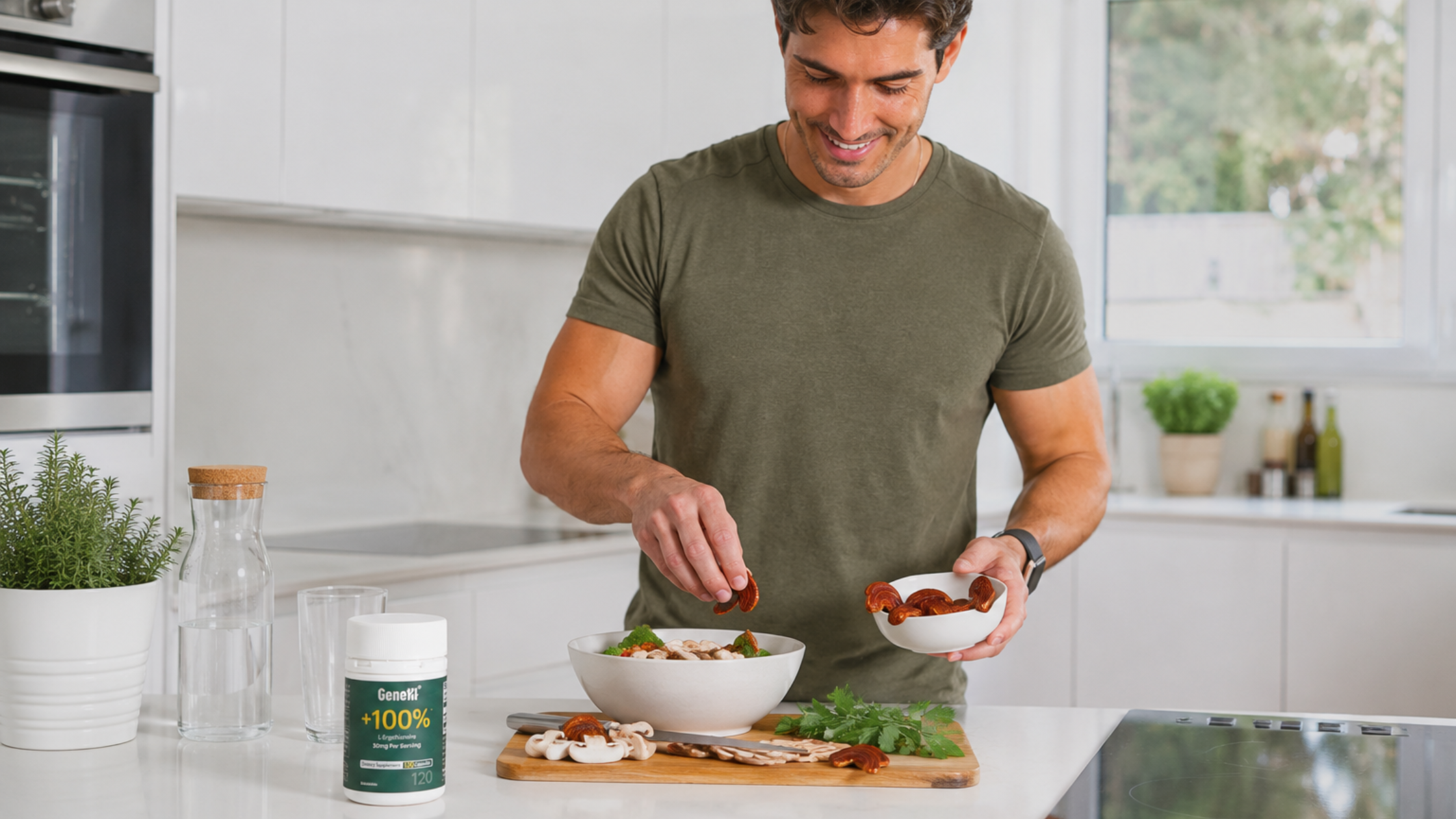  Man in his late 30s preparing a healthy meal in a bright modern kitchen, with a GeneIII L-Ergothioneine 99.99% pure capsule bottle on the counter, representing daily reproductive wellness support