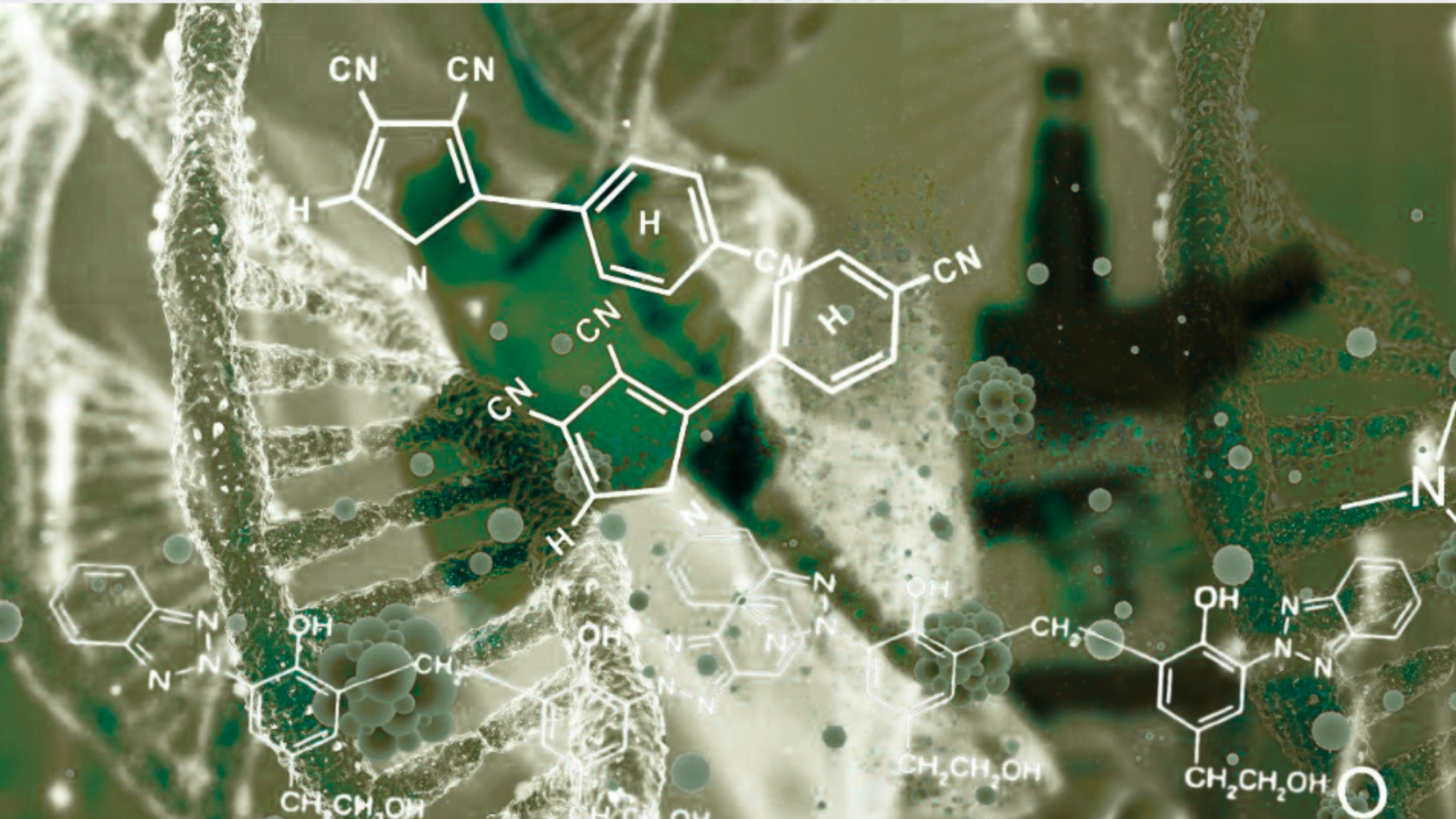 Illustration of DNA strands and molecular structures representing ergothioneine research and healthy aging science
