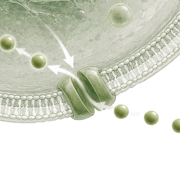 Illustration of ergothioneine molecules entering a cell through the OCTN1 transporter