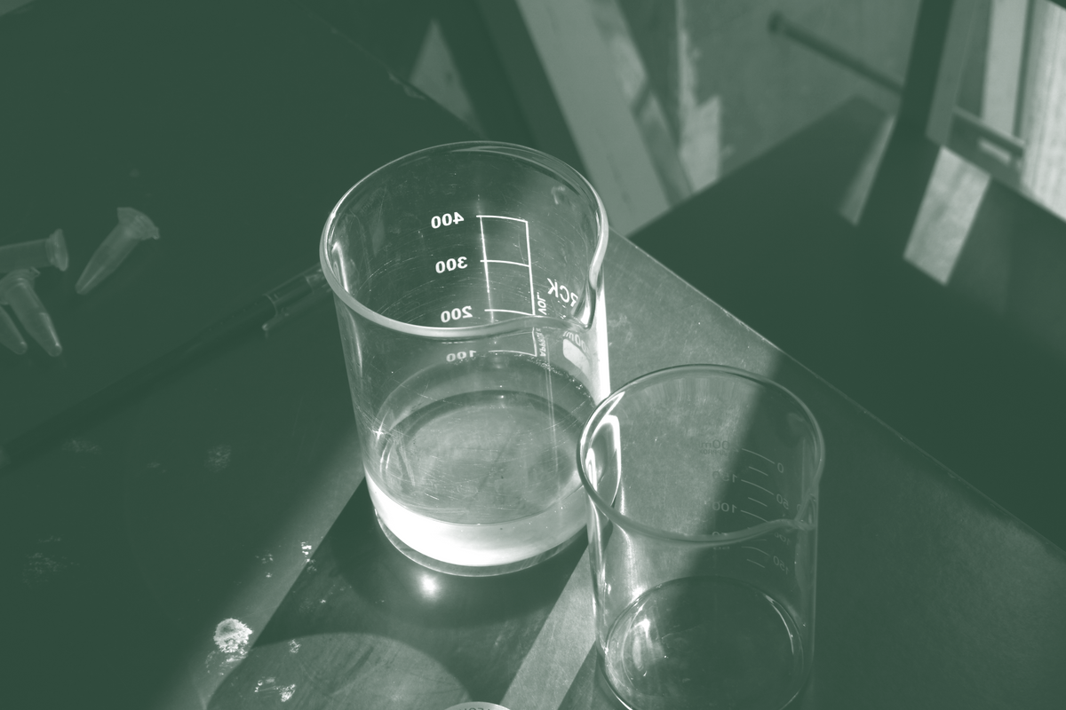 Glass beaker of purified L-ergothioneine solution on a laboratory bench