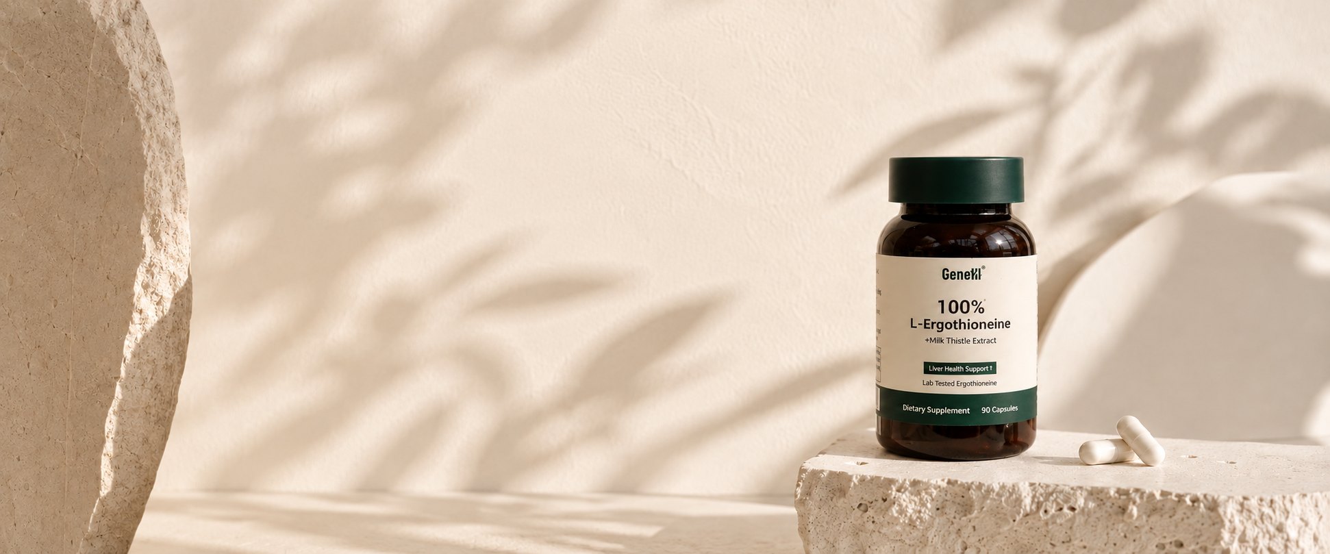 GeneIII L-Ergothioneine bottle on a stone plinth in warm light